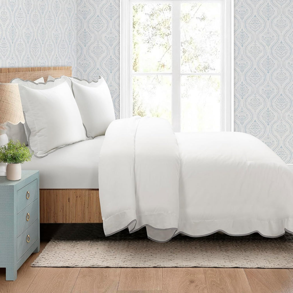 Lush Decor Coastal Chic Scalloped Edge Comforter Set, 3 Piece Set Full/Queen, Gray & White - Queen Bedding Set - White Comforter - Coastal Decor