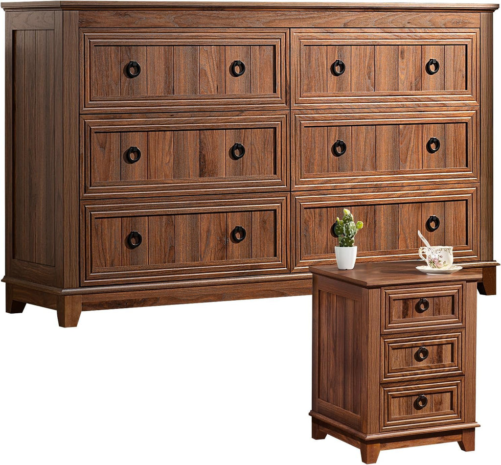 Joaxswe Farmhouse Dresser and Nightstand Sets 2 Piece, Nightstands and 6 Drawers Dressers for Bedroom, 54' Wide Dresser and 18' Inch Night Stand Set for Bedroom, Living Room, Hallway