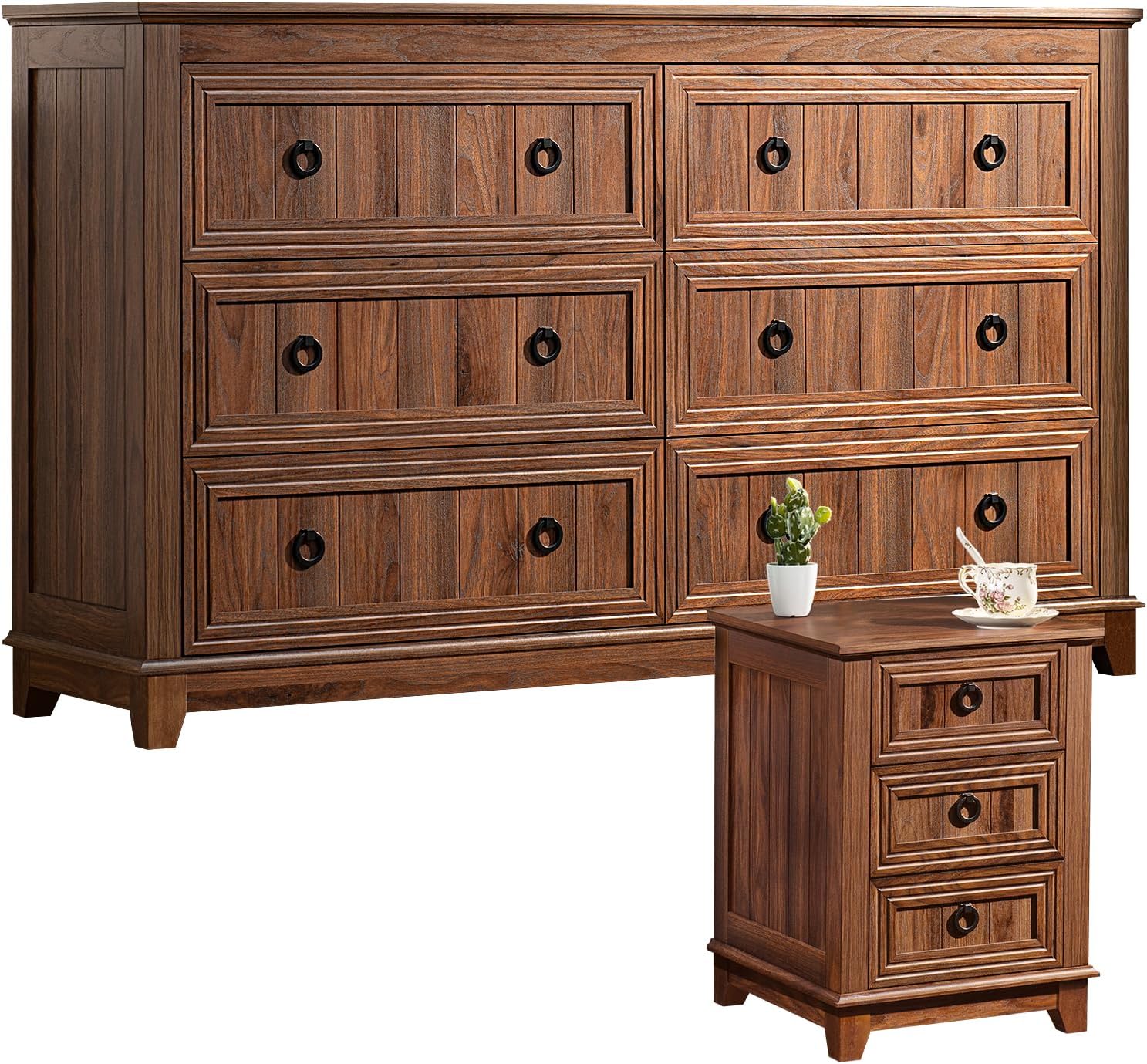 Joaxswe Farmhouse Dresser and Nightstand Sets 2 Piece, Nightstands and 6 Drawers Dressers for Bedroom, 54' Wide Dresser and 18' Inch Night Stand Set for Bedroom, Living Room, Hallway