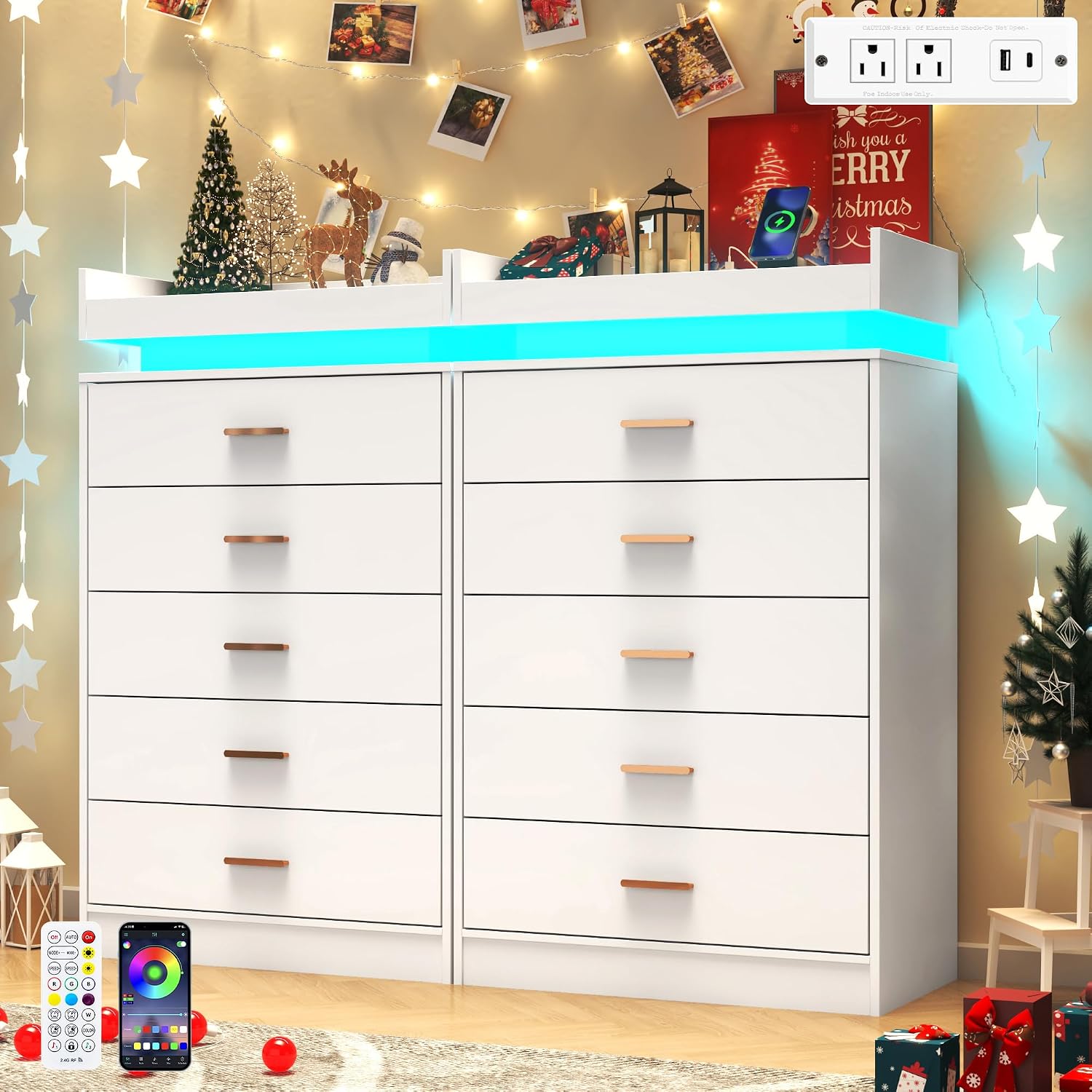 Hlivelood 5 Drawer Dresser with LED Light and Charging Station, Modern Chest of Drawers for Closet, Wide Drawer Organizer Cabinet, Living Room, Entryway, Hallway, White