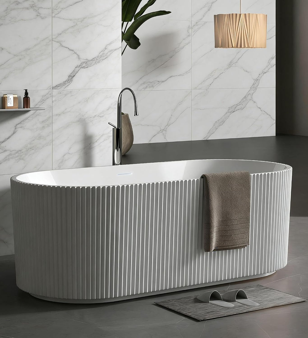 67'' Freestanding Bathtub, Deep Soaking Tub, Non-Slip Base, Acrylic, cUPC Certified Free Standing Tub, Chrome Drain Bath Tub, Modern Tub for Bathrooms, White