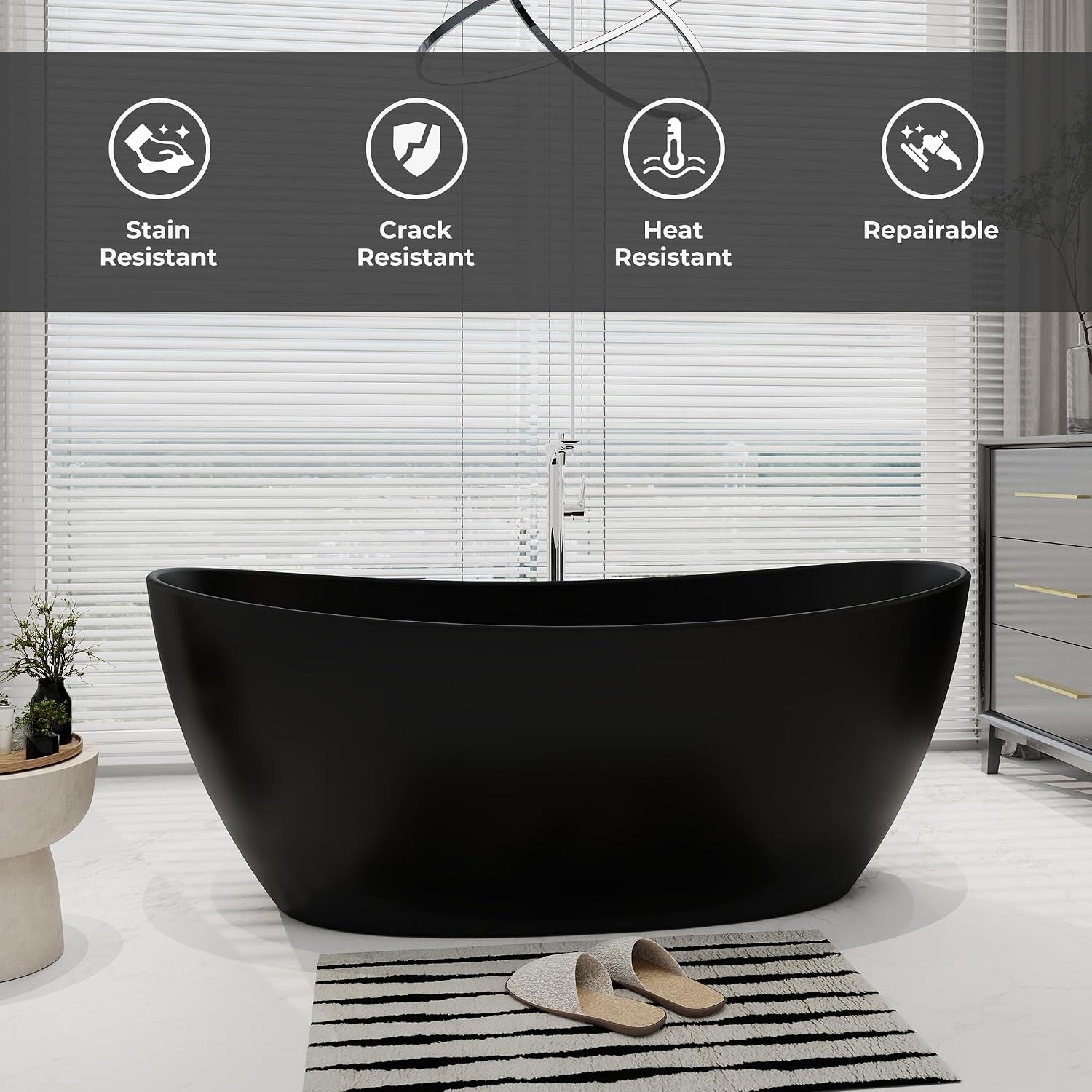 SJ STAR&JANE 65' Solid Surface Freestanding Bathtub Stone Resin Soaking Tub Matte Black Double Slippers Stand Alone Oval Tub with Pop-up Drain and Overflow for Bathroom