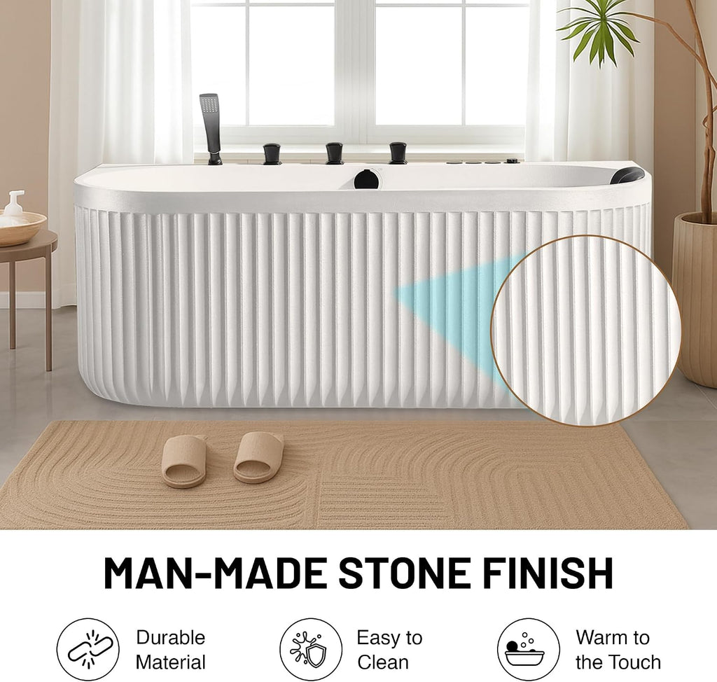 ANZZI Stone Bell 67' x 32' Freestanding Bathtub, Center Drain | Flat Bottom Tub with Air and Whirlpool Massage Jets, Lights, 5-Piece Faucet, 92 Gallon Free Standing Tub - White and Black