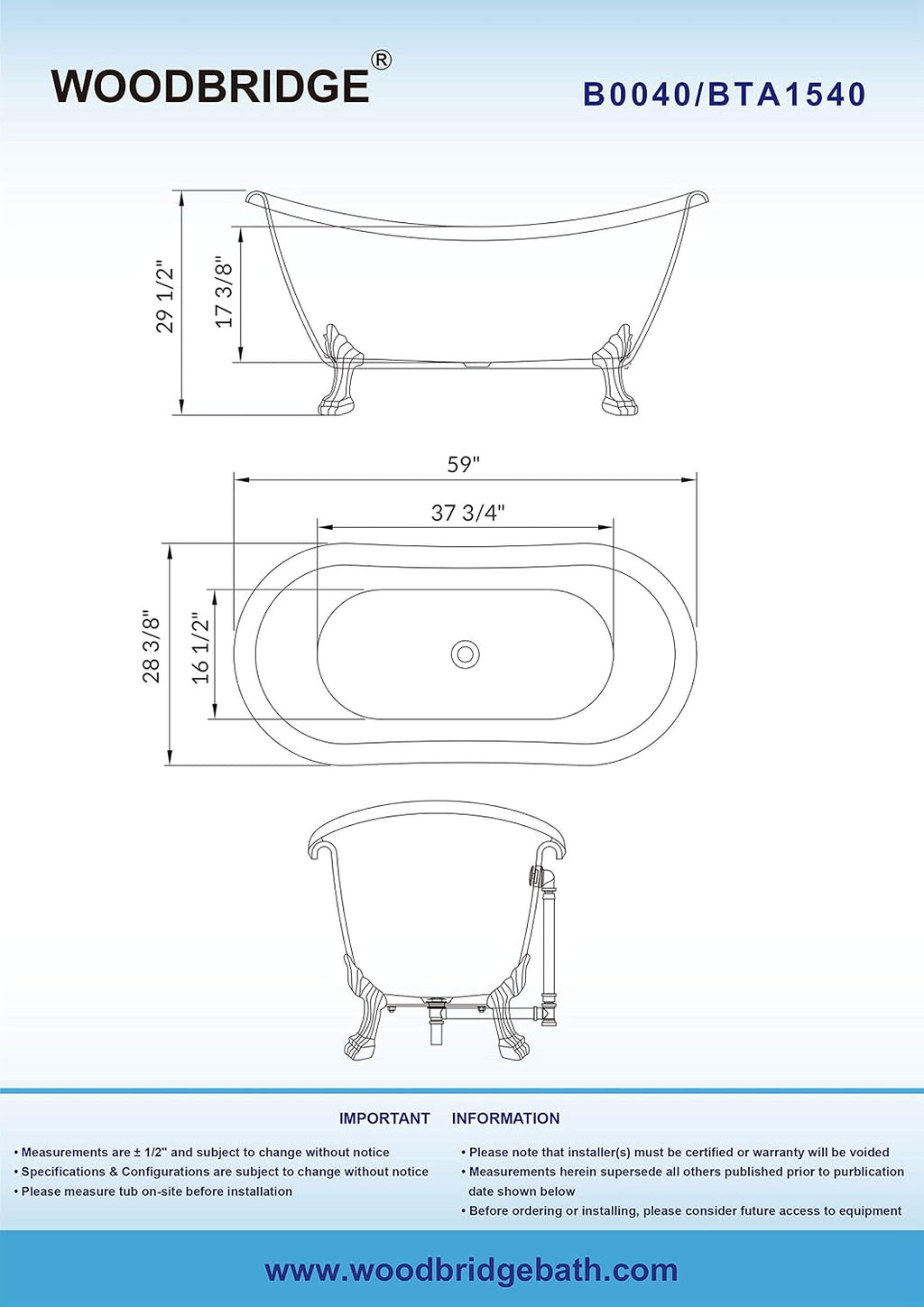 WOODBRIDGE All Inclusive Package 59' Heavy Duty Acrylic Double Slipper Clawfoot Bath Tub with Brushed Nickel Feet+B/N Drain &Overflow+B/N Faucet