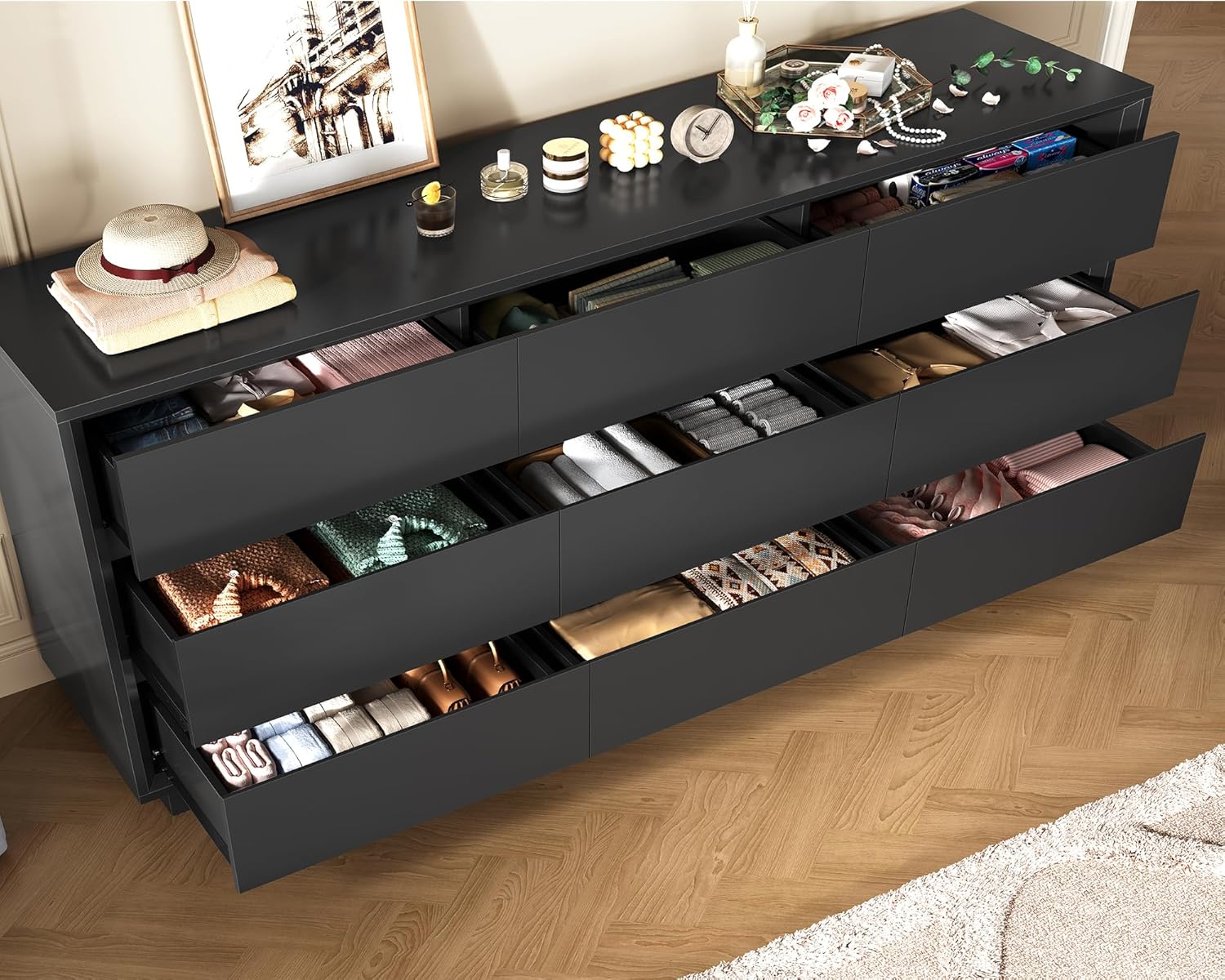 TEENFON 63' Dresser for Bedroom with 9 Drawers, Black Dresser with Metal Slide, Bedroom Dressers, Wood Dressers & Chests of Drawers for Bedroom, Hallway, Black