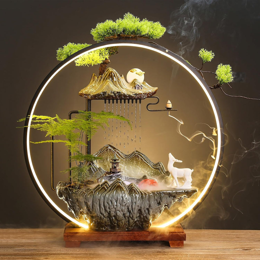 Tabletop Fountain with LED Light, Indoor Waterfall Fountain with Water Wheel & Wood Base, Chinese-Style Creative Water Feature for Office Living Room Bedroom(C)
