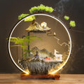 Tabletop Fountain with LED Light, Indoor Waterfall Fountain with Water Wheel & Wood Base, Chinese-Style Creative Water Feature for Office Living Room Bedroom(C)