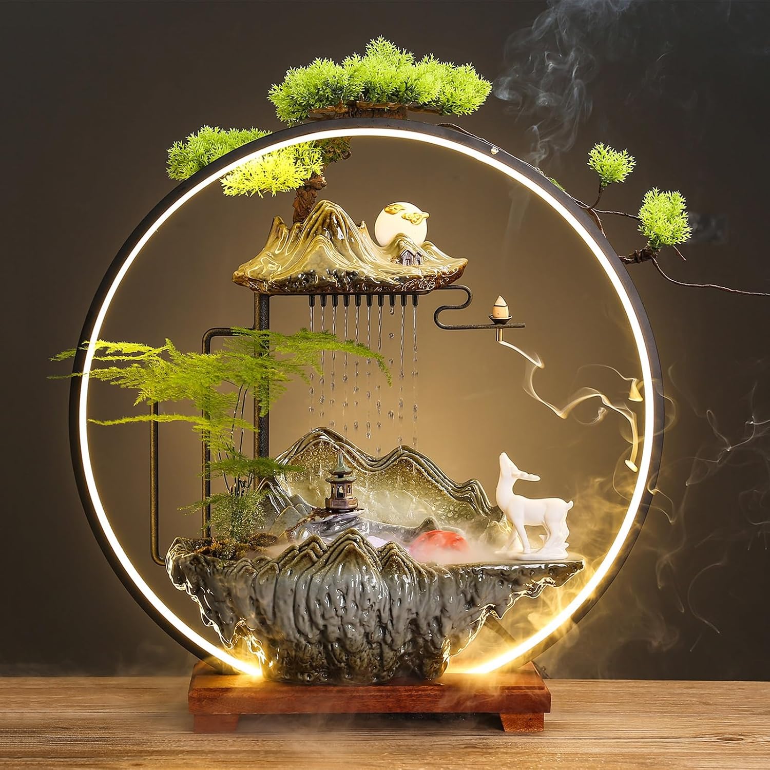 Tabletop Fountain with LED Light, Indoor Waterfall Fountain with Water Wheel & Wood Base, Chinese-Style Creative Water Feature for Office Living Room Bedroom(C)