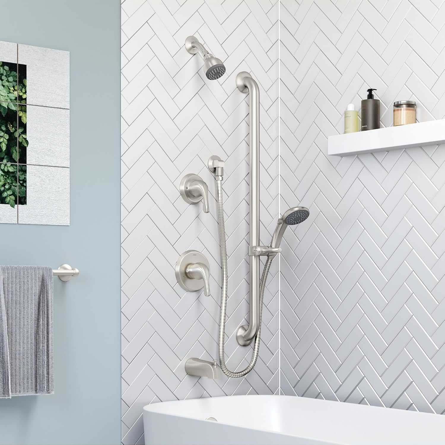 Symmons 9606-PLR-1.5-TRM-STN Origins 2-Handle Tub and 1-Spray Shower Trim with 1-Spray Hand Shower in Satin Nickel (Valves Not Included)