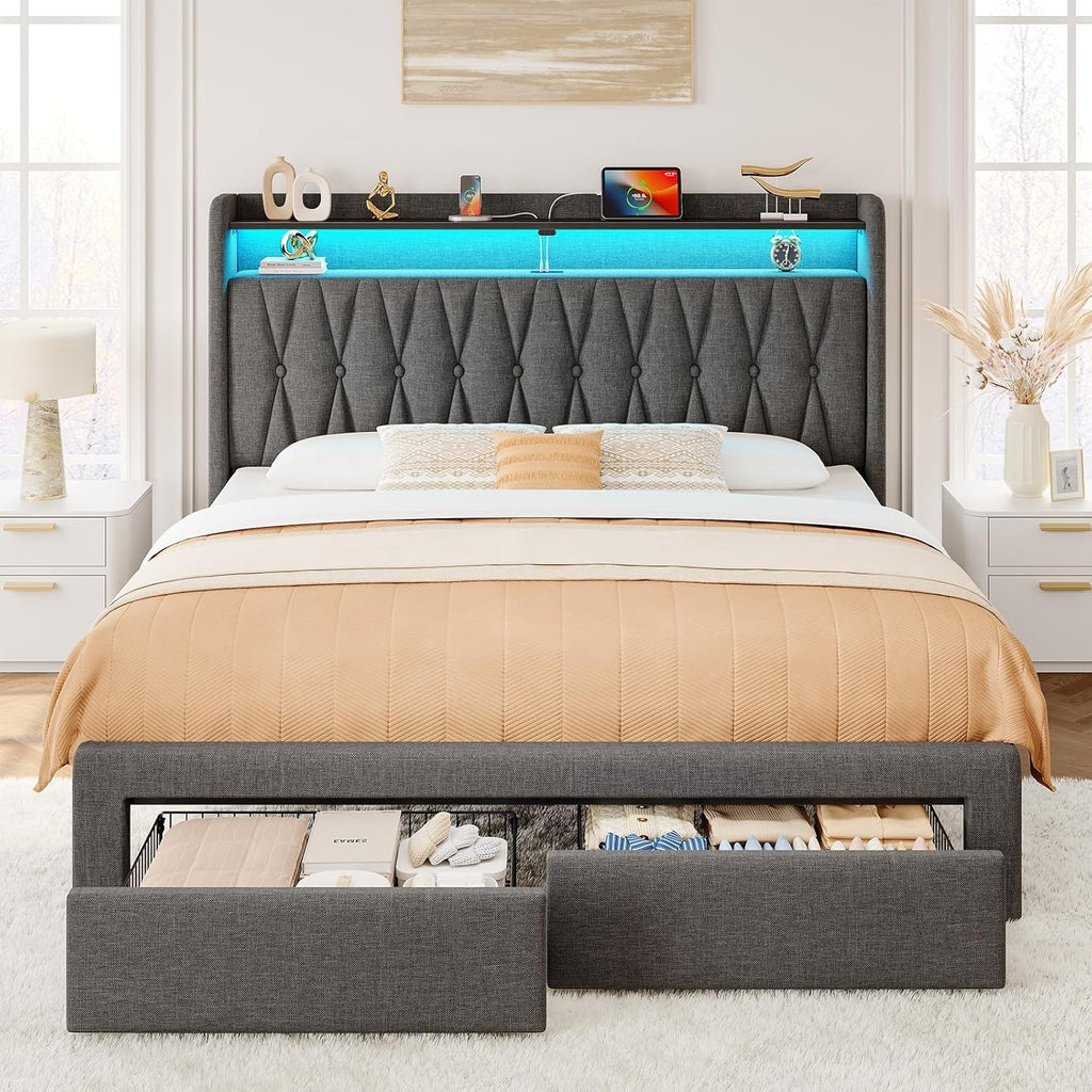 Rolanstar Full Bed Frame with Drawers, Storage Headboard with Charging Station and LED Lights, Upholstered Bed with Heavy Duty Wood Slats, No Box Spring Needed, Noise Free, Easy Assembly, Dark Grey