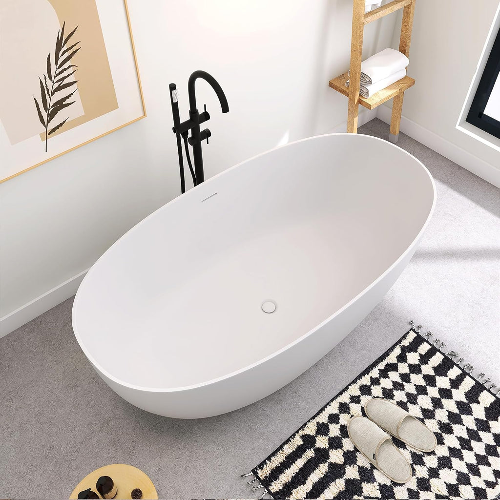 59' Freestanding Solid Surface Bathtub, Oval Stone Resin Soaking Tub Modern Design Stand Alone Tub with Pop-up Drain & Overflow Matte White
