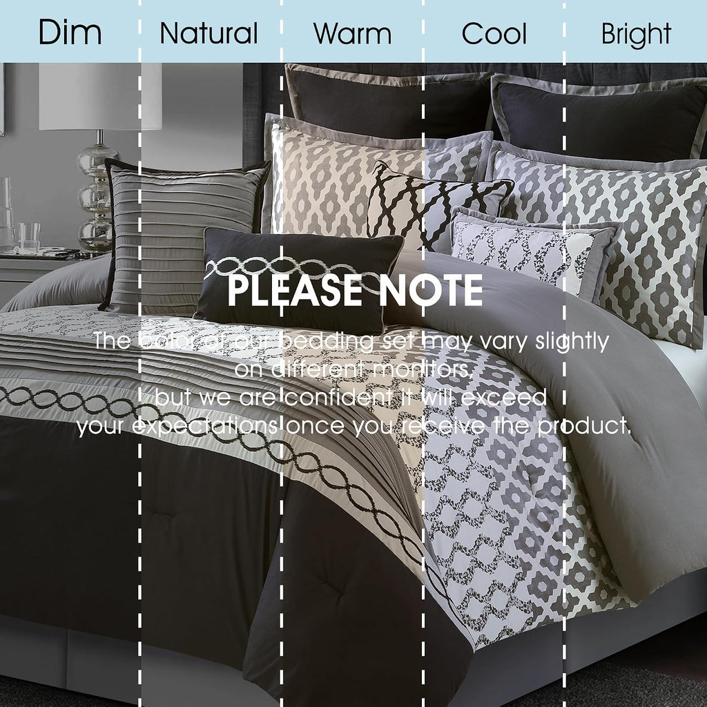 LANCO MODERN LIFESTYLE California King Comforter Set, Black, 10 Piece Bed in a Bag for All Seasons, Luxury Extreme Comfort Bedding Sets with Bedskirt, Pillow Shams, Euro Shams and Decor Pillows