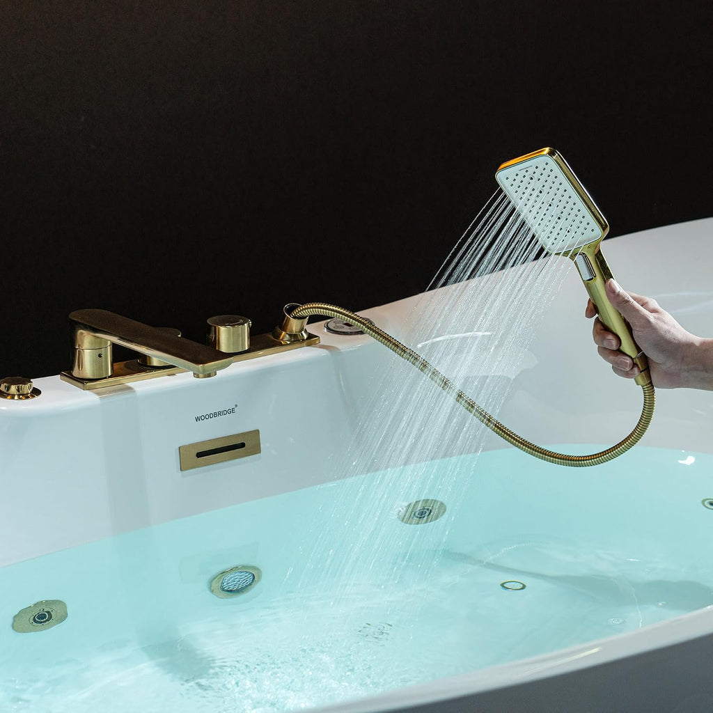 WOODBRIDGE 72' x 35-3/8' Whirlpool and Air Bath Heated Soaking Combination Tub with Adjustable Speed Air Blower and Display Control Panel, Brushed Gold Finish Trim and Drain Kit, BG400+F0045BG