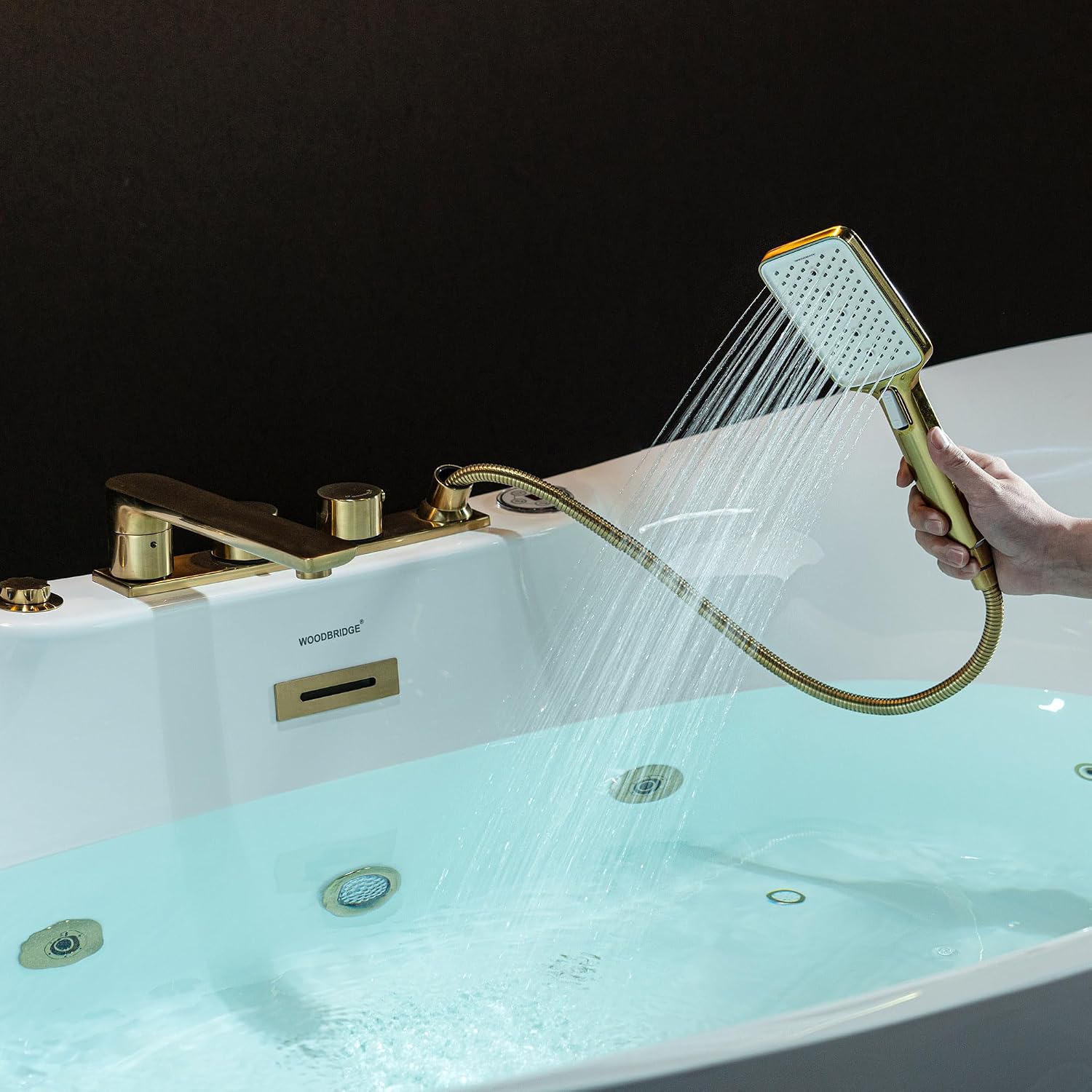 WOODBRIDGE 72' x 35-3/8' Whirlpool and Air Bath Heated Soaking Combination Tub with Adjustable Speed Air Blower and Display Control Panel, Brushed Gold Finish Trim and Drain Kit, BG400+F0045BG