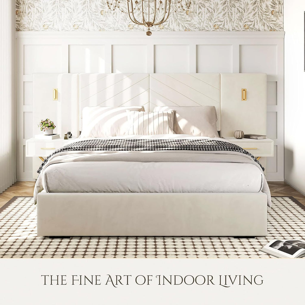 Luxurious Queen Platform Bed Frame, Velvet Upholstered Headboard with 2 Built-in Wall Sconces & Nightstands, Sturdy Metal & Solid Wood Frame, Squeak-Free, No Box Spring Needed, Beige White