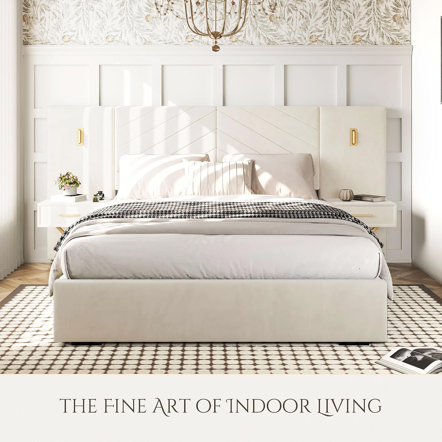 Luxurious Queen Platform Bed Frame, Velvet Upholstered Headboard with 2 Built-in Wall Sconces & Nightstands, Sturdy Metal & Solid Wood Frame, Squeak-Free, No Box Spring Needed, Beige White