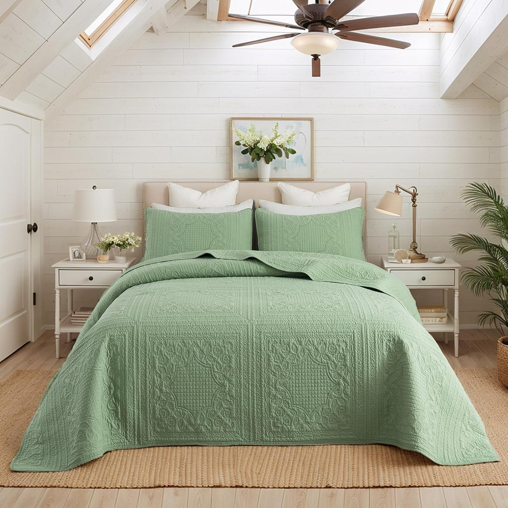 Brandream Queen Size Quilt Set Cotton Sage Green Quilts Cottage Core Bedding Matelasse Coverlet Set 3-Piece