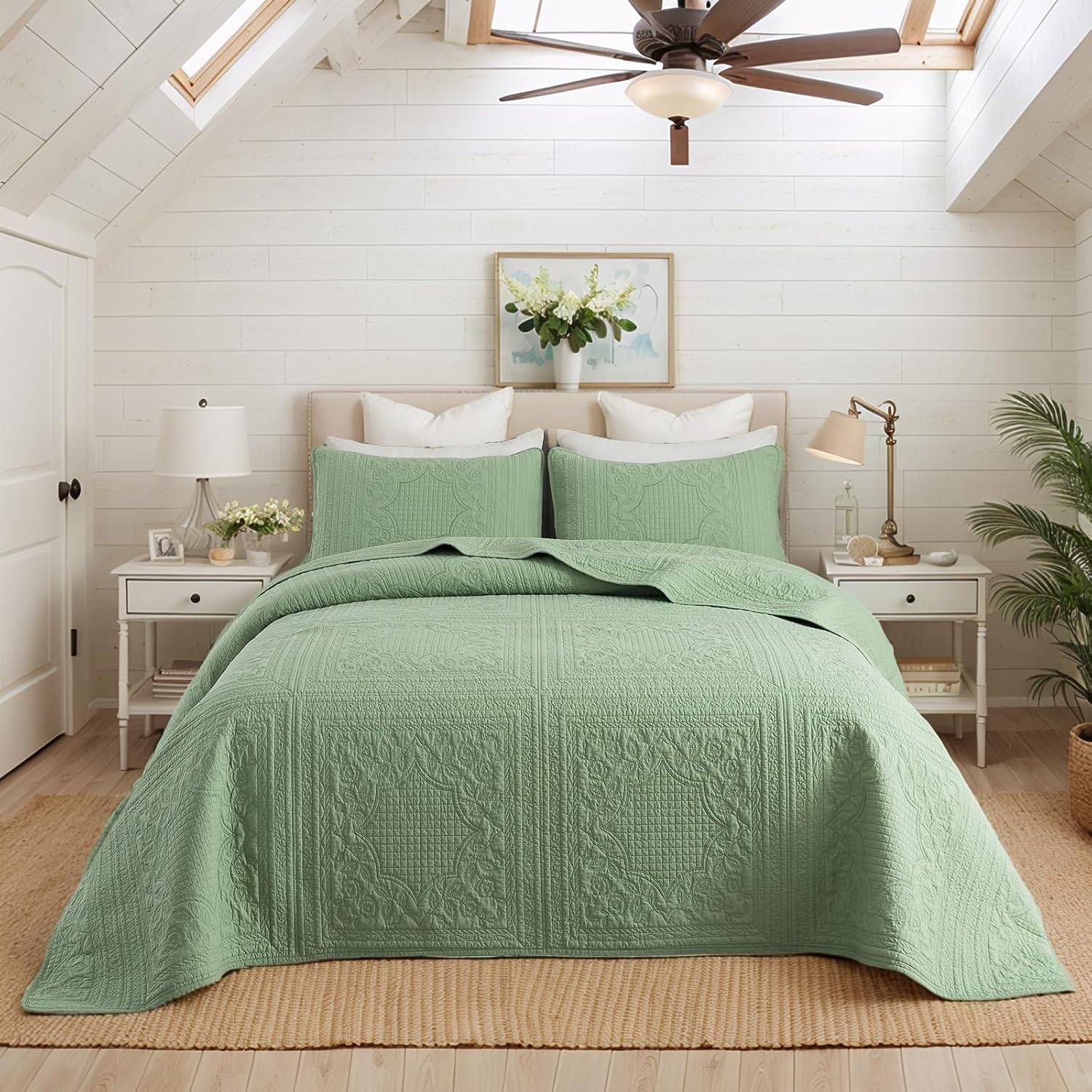Brandream Queen Size Quilt Set Cotton Sage Green Quilts Cottage Core Bedding Matelasse Coverlet Set 3-Piece