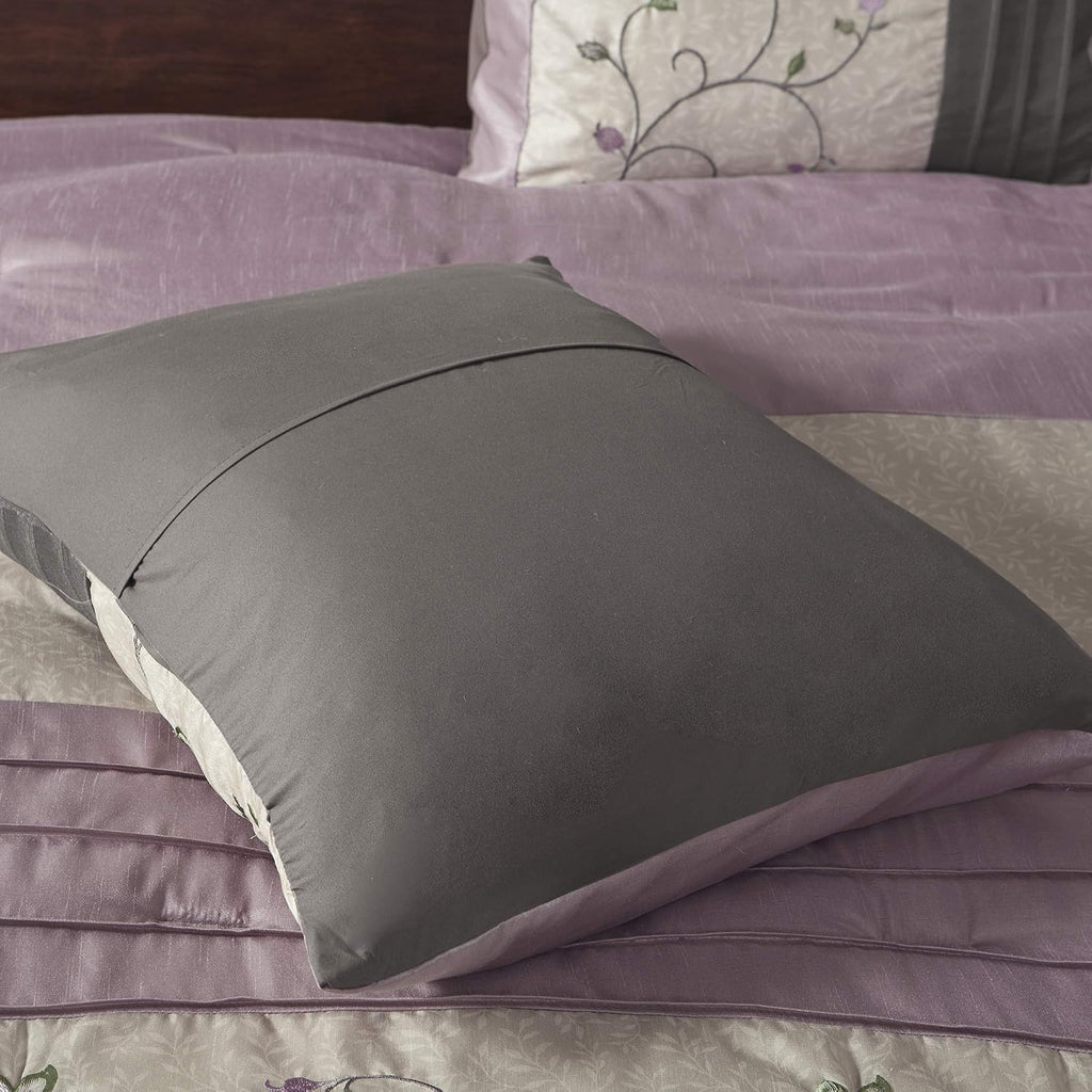 Madison Park Serene Faux Silk Comforter Set - Floral Embroidery Design, All Season Bedding Set, Matching Bed Skirt, Decorative Pillows, Purple Queen(90'x90') 7 Piece