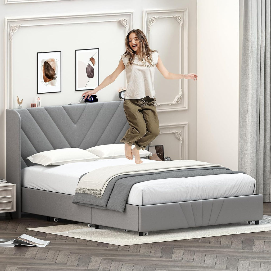 LUCKLIFE Queen Size Metal Bed Frame with Upholstered Headboard,Storage Drawers,USB&Type-C Charging Ports,No Box Spring Needed,Grey