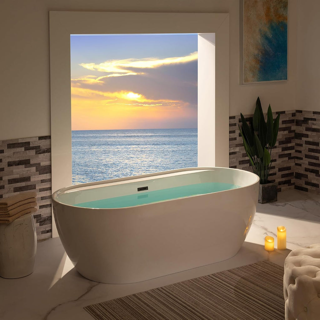 WOODBRIDGE 72' Acrylic Freestanding Bathtub Contemporary Soaking White Tub with Matte Black Overflow and Drain,B0059-MB