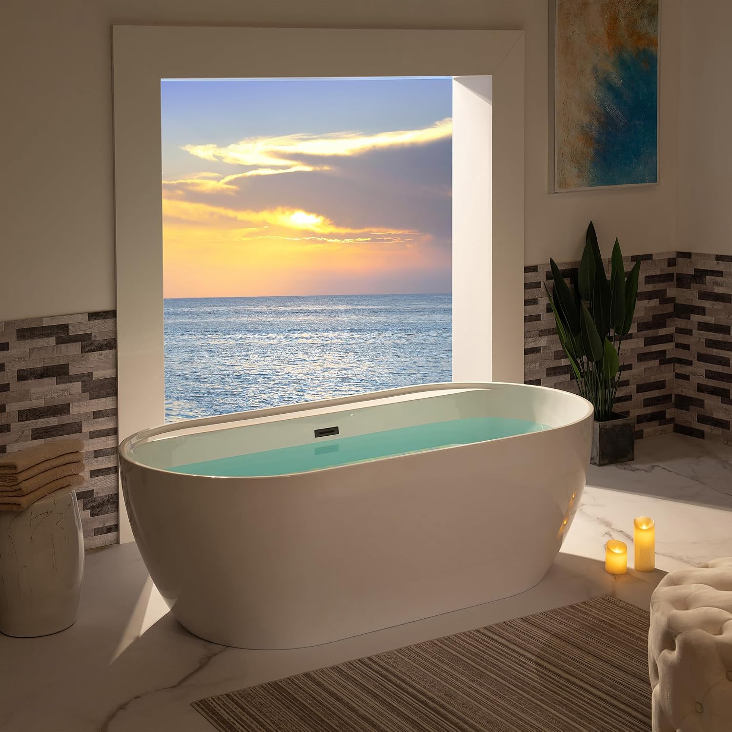 WOODBRIDGE 72' Acrylic Freestanding Bathtub Contemporary Soaking White Tub with Matte Black Overflow and Drain,B0059-MB