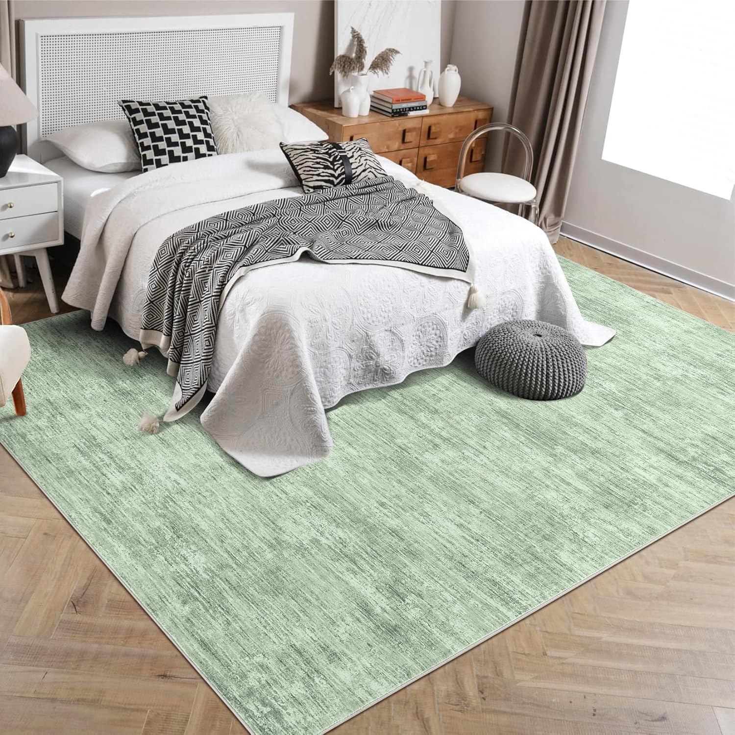RUGSREAL Living Room Area Rug 9x12 Machine Washable Rug Non-Slip Stain Resistant Modern Abstract Carpet Contemporary Accent Throw Floor Carpet for Dining Room Solid Area Rug for Home Office, Green
