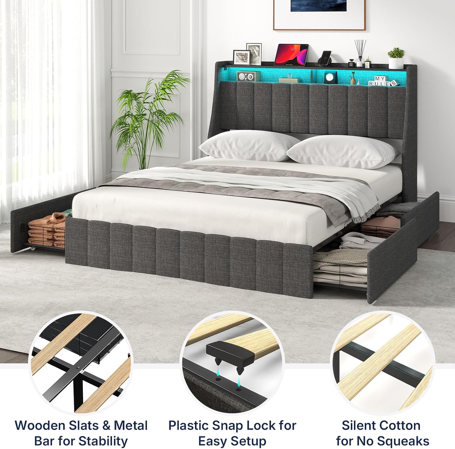 Zevemomo Queen Bed Frame with 4 Storage Drawers, Upholstered Queen Size Bed Frames with Headboard, Queen Size Bed Frame with LED Lights, Dark Grey