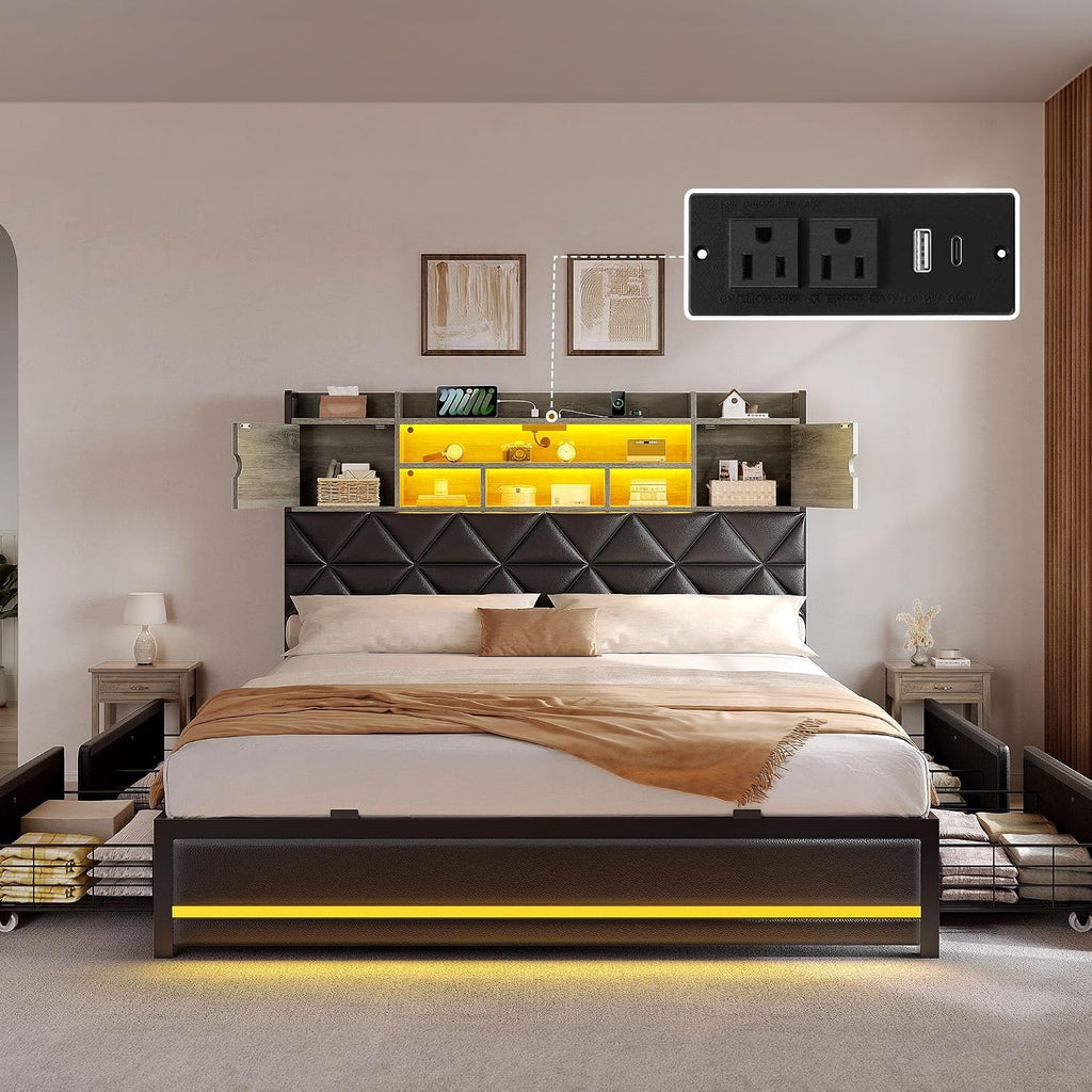 DWVO Queen Size Bed Frame with RGB LED Lights & Storage Bookcase Headboard, Upholstered Bed with Charging Station and 4 Drawers, No Box Spring Needed, Easy Assembly, Noise-Free, PU Leather Black