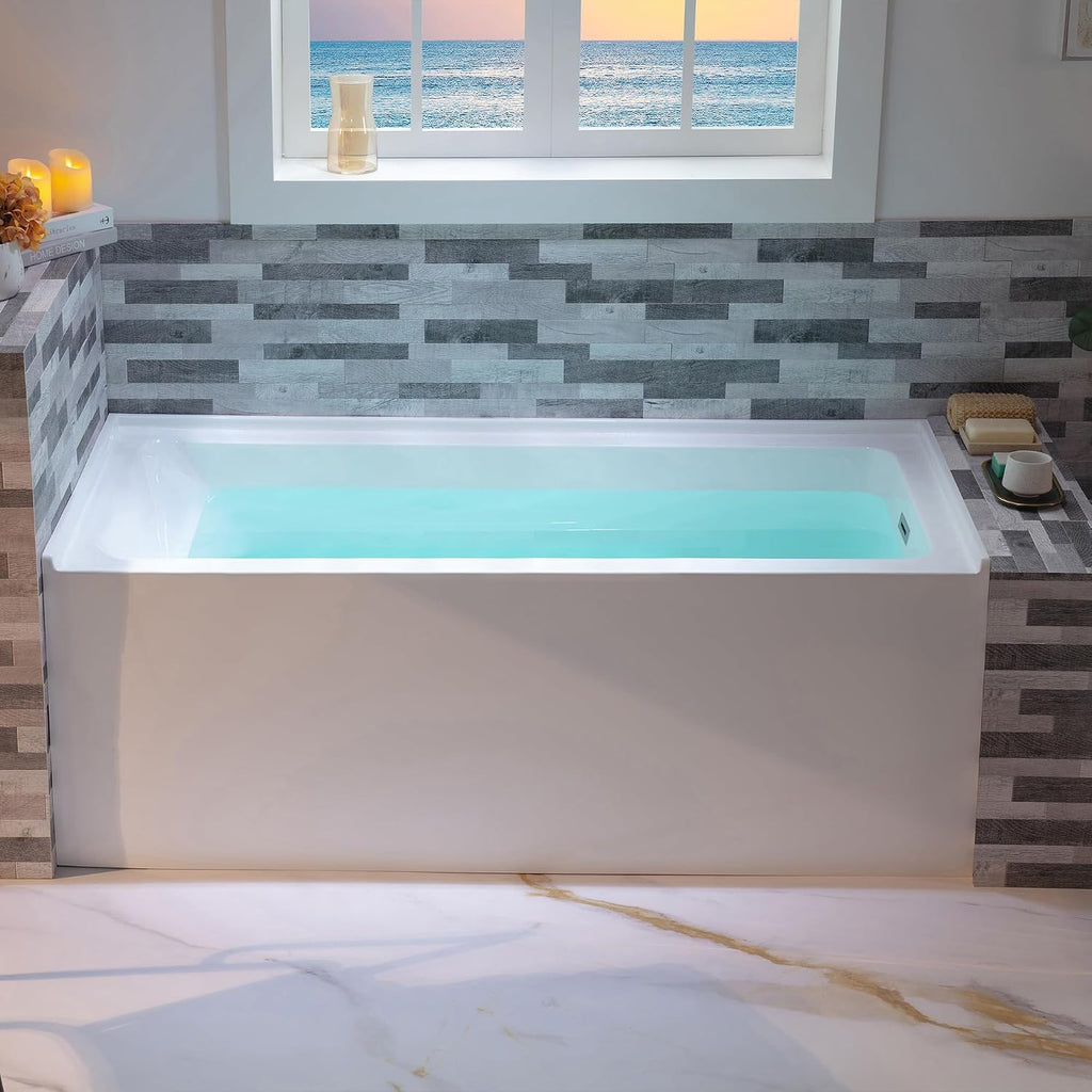 WOODBRIDGE 60' Acrylic Rectangular Alcove Soaking Bathtub in White with Right Drain, Brushed Nickel pop-up Drain Included, LB666-R