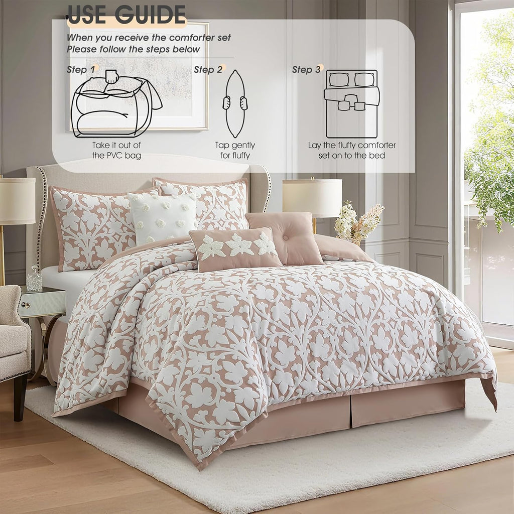 LANCO MODERN LIFESTYLE 7 Pieces Comforter Set, Queen, Blush, Jacquard Floral Pattern and Classy Damask Medallion Design, Ultra Soft, Includes Bed Skirt, Shams, and Decorative Pillows