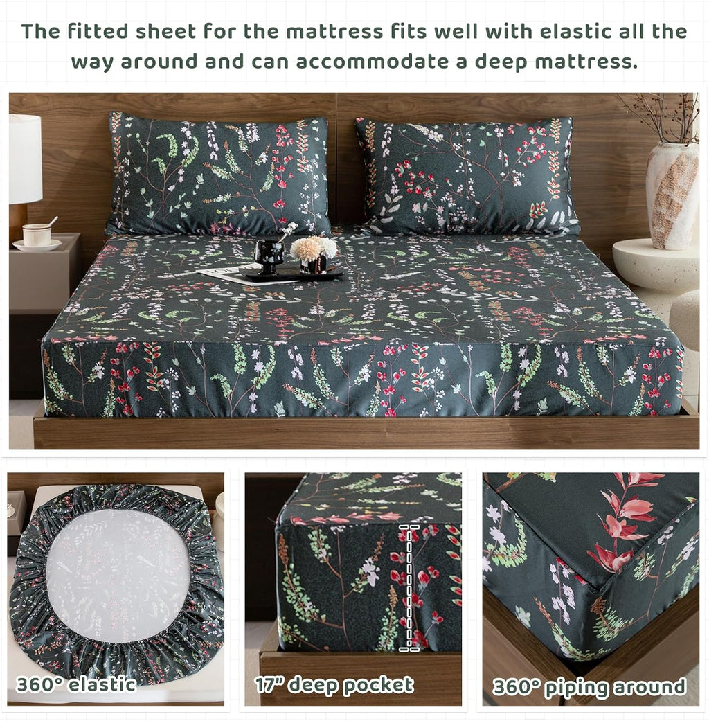 QSH Floral Egyptian Cotton Sheets King Size - Navy Floral Bedding Sheets Botanical Pattern Printed Bedding King Size Bed Sheets 17.5' Extra Deep Pocket 4pcs