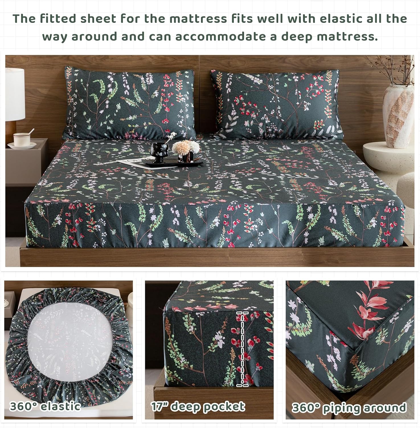 QSH Floral Egyptian Cotton Sheets King Size - Navy Floral Bedding Sheets Botanical Pattern Printed Bedding King Size Bed Sheets 17.5' Extra Deep Pocket 4pcs