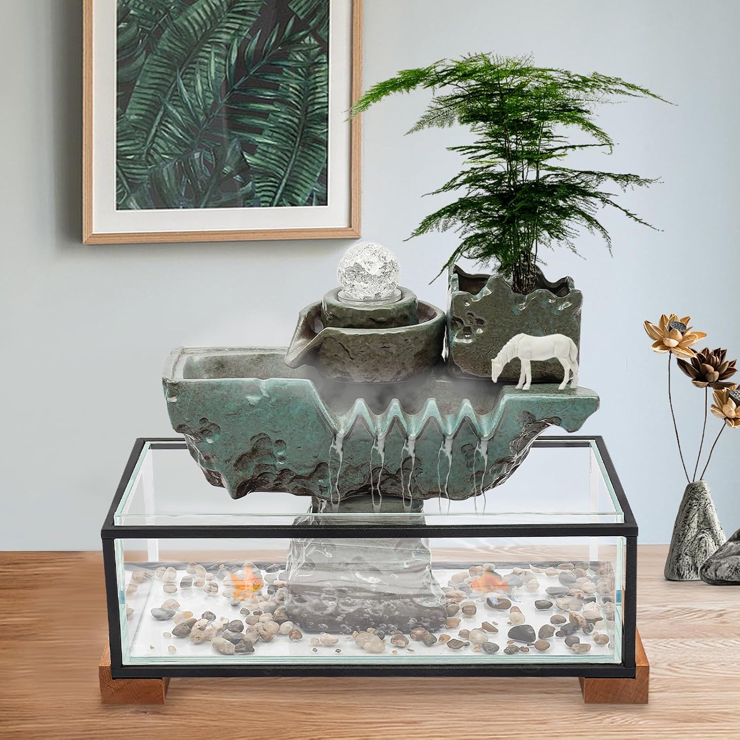 Tabletop Eco Fish Tank Water Fountains, Indoor Waterfall Decoration with Mist, Crystal Ball for Meditation, Desk Fountain with Pump & Colorful LED Atomizer for Feng Shui Wealth Boom
