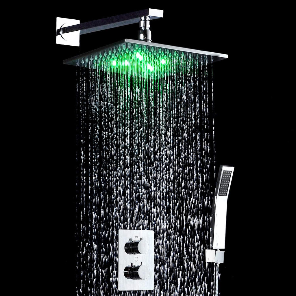 Shower Head Overhead Shower Thermostat Rotate 360 Degrees Led Smart Light Rainfall Shower Set Floor drain (Color : Silver)