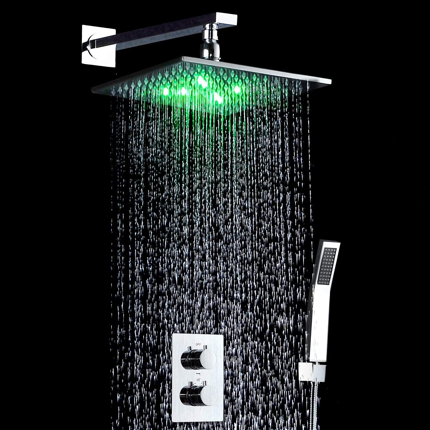 Shower Head Overhead Shower Thermostat Rotate 360 Degrees Led Smart Light Rainfall Shower Set Floor drain (Color : Silver)
