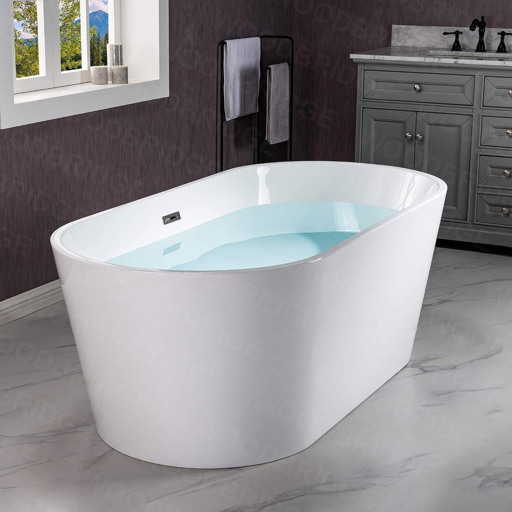 WOODBRIDGE White 54' Acrylic Freestanding Bathtub Contemporary Soaking Tub with Chrome Overflow and Drain, Without Faucet, BTA1702-C-Drain & O