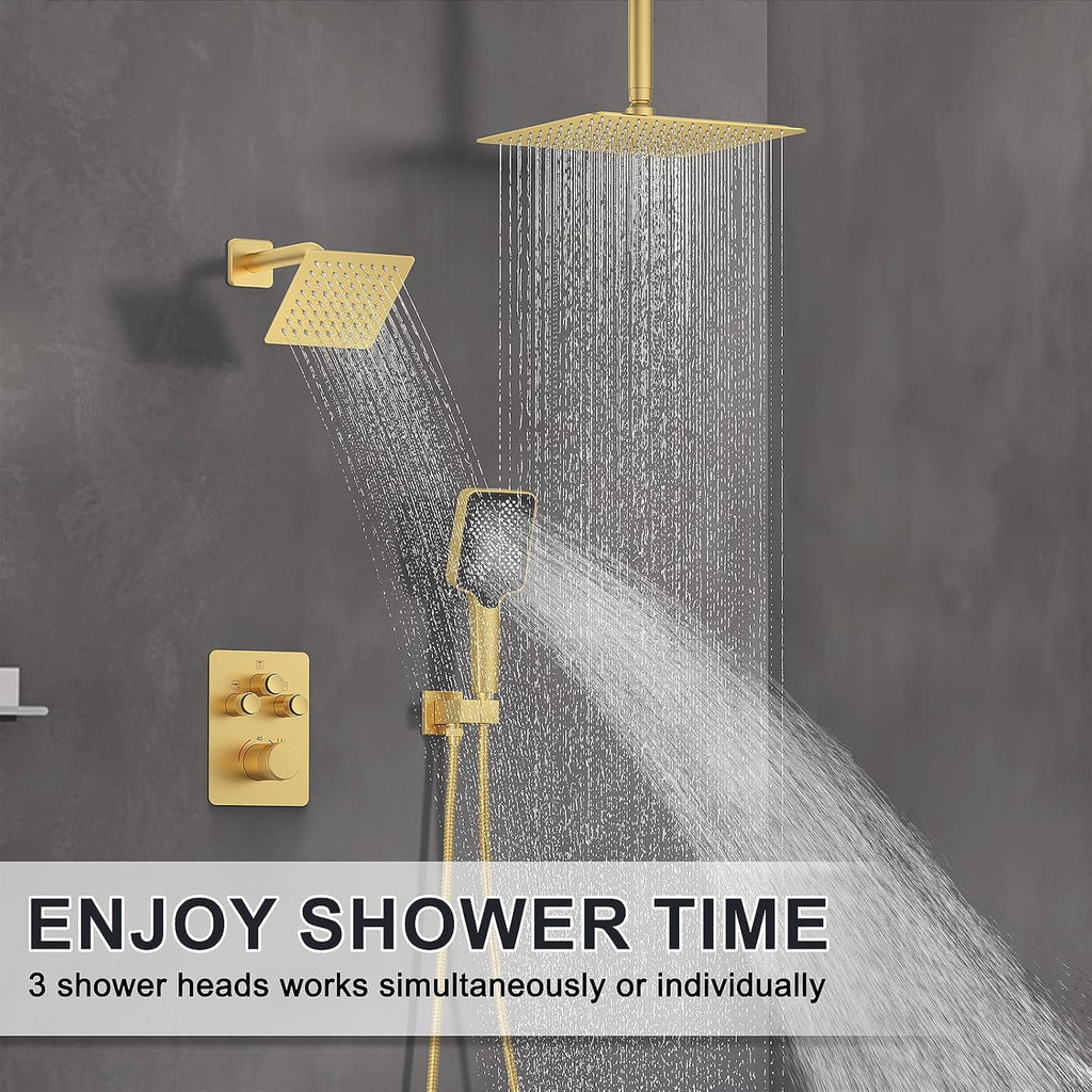 Iriber Thermostatic Shower System with Adjustable Water Flow Push Button Diverter, Square Dual Shower Heads Faucet Set with Handheld Spray, Brushed Gold Shower Mixer Valve Trim Kit (Valve Included)