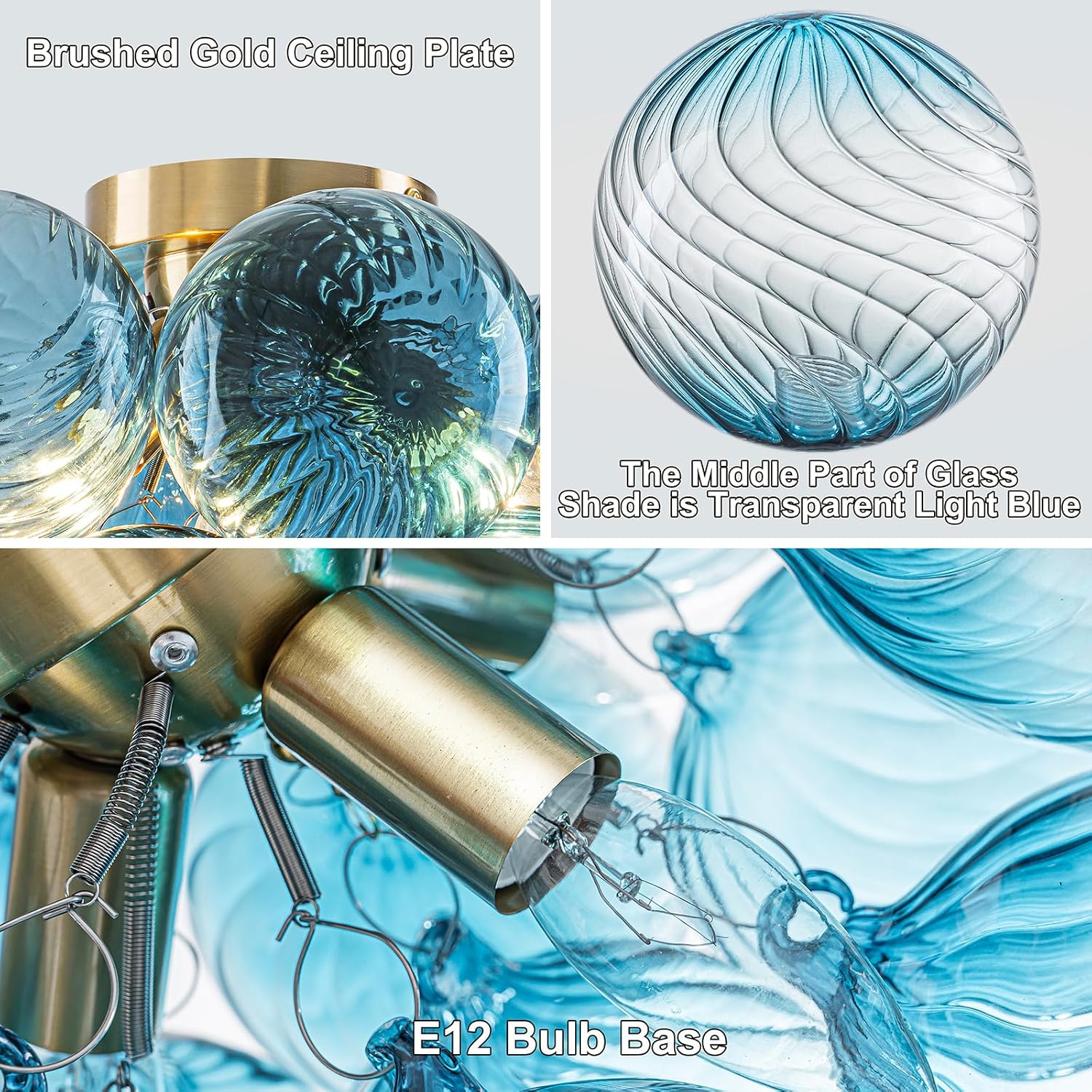 GoYeel Flush Mount Chandelier Gold, Kitchen Lights Ceiling Modern Glass Bubble Light Chandeliers 18.5' with 13 Swirled Blue Globe for Dining Room Bathroom Entryway Bedroom
