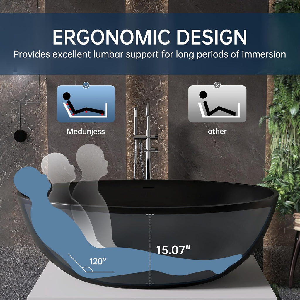 67' Stone Resin Freestanding Bathtub, Oval Solid Surface Bathroom Freestanding Tubs,Stand Alone Soaking Tub with Drain & Integrated Slotted Overflow Matte black AM301-1700