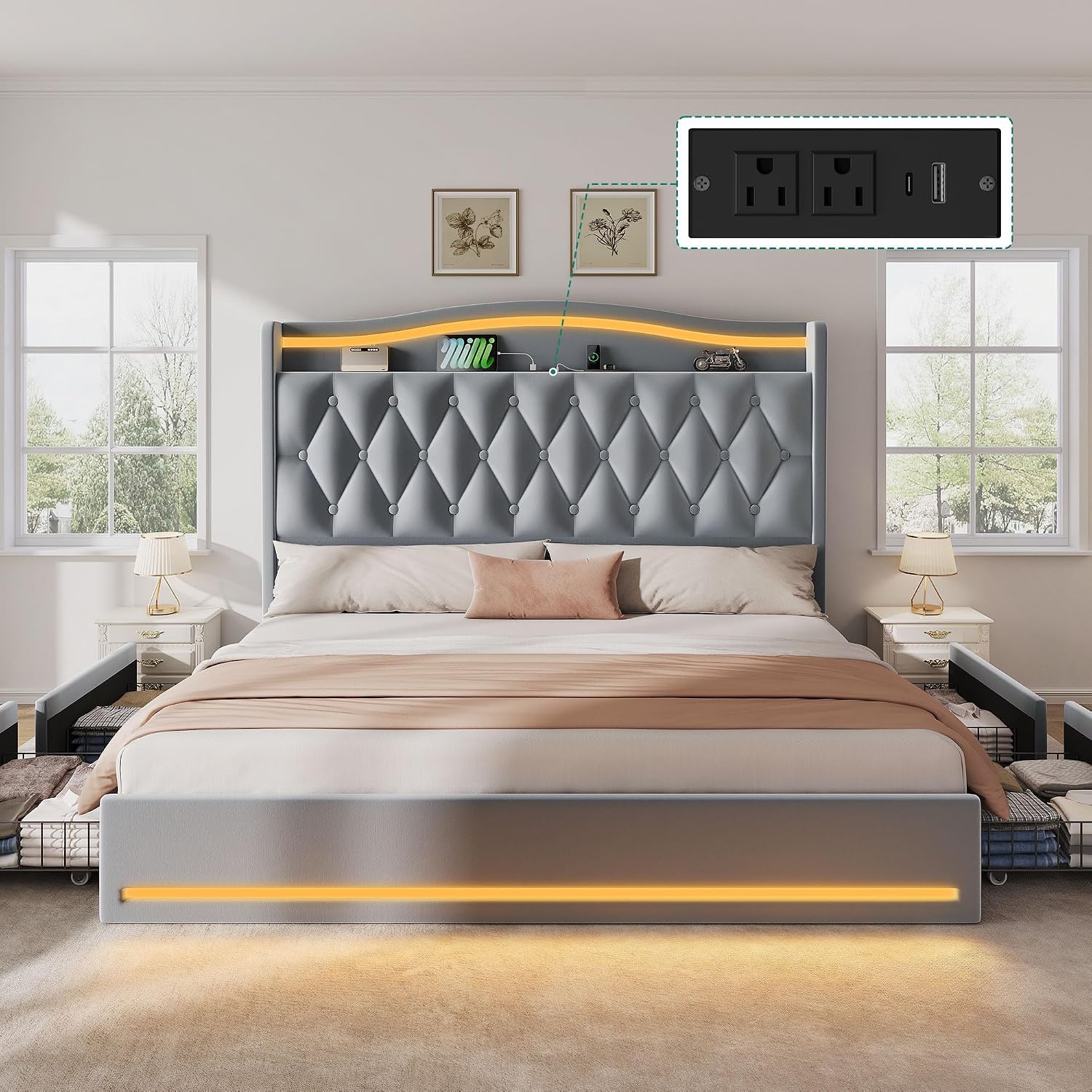 YITAHOME King Size Bed Frame with 4 Storage Drawers and RGB LED Lights, 57'' Tall Headboard Velvet Upholstered Bed with Charging Station, No Box Spring Needed, Easy Assembly, Noise-Free, Grey