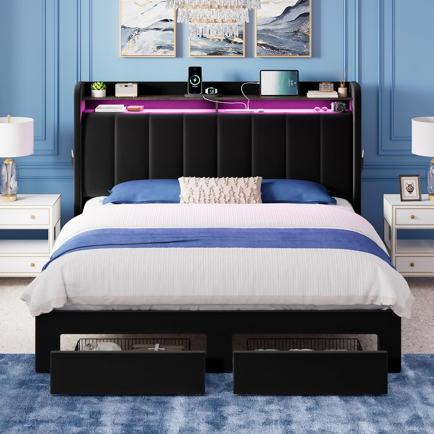 Allewie Velvet Vertical Tufted Full Size Upholstered Platform Bed Frame with 2-Tier LED Storage Headboard & 2 Storage Drawers, USB & Type-C Charging Ports, Noise-Free/No Box Spring Needed, Black