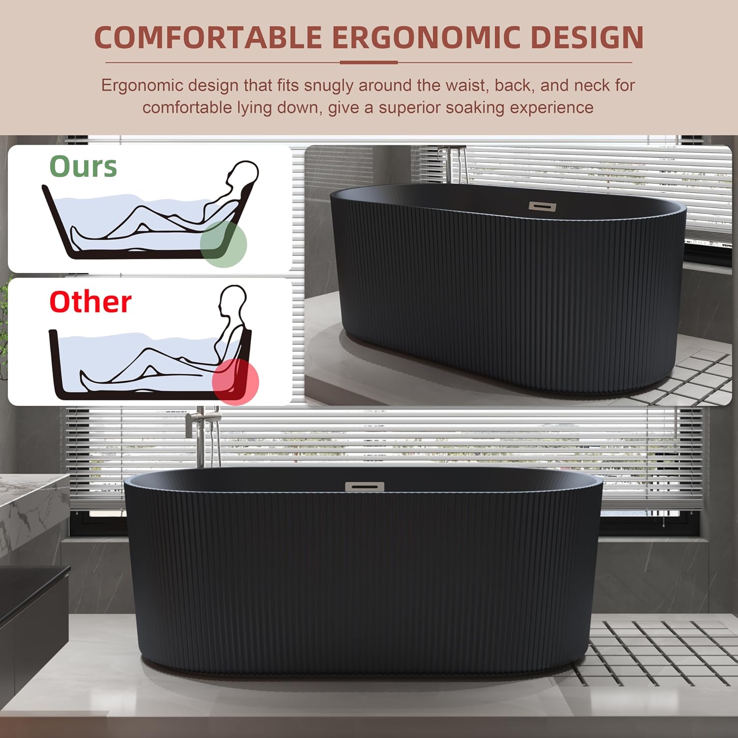 Black 59 inch Acrylic Fluted Style Wave Freestanding Soaking Bathtub, Modern Stand Alone V Shape Standing Tub with Center Drain & Overflow