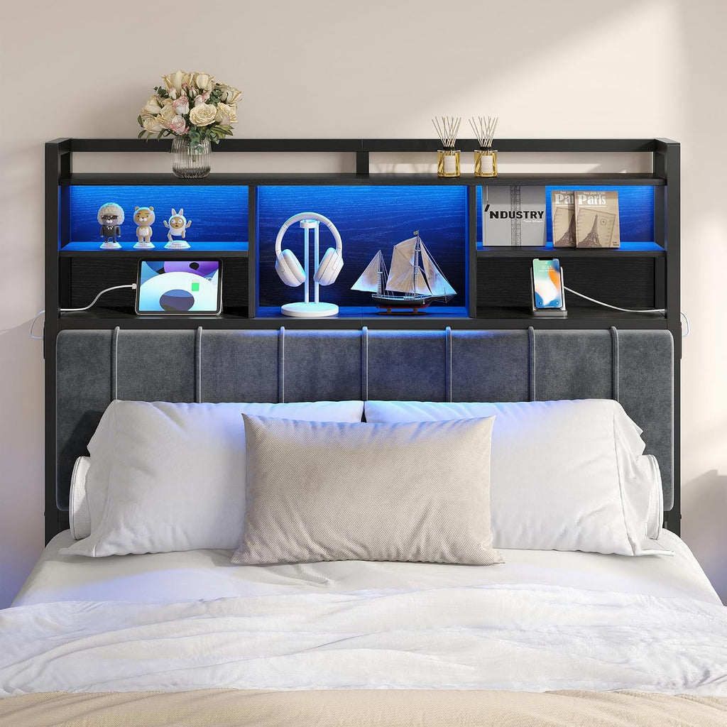 Hzuaneri Headboard with 3-Tier Storage Shelves, Velvet Upholstered Head Board with 2 Outlets, USB Ports & LED Light, Soft Backrest for Full Size Bed, Black BH13804B