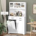 Double 13 Gallon Tilt Out Trash Can Cabinet with Deodorizing Function and Power Outlet, 71' Tall Wooden Garbage Can Holder Cabinet with 2 Storage Hutch & 2 Drawers for Kitchen and Dining Room, White