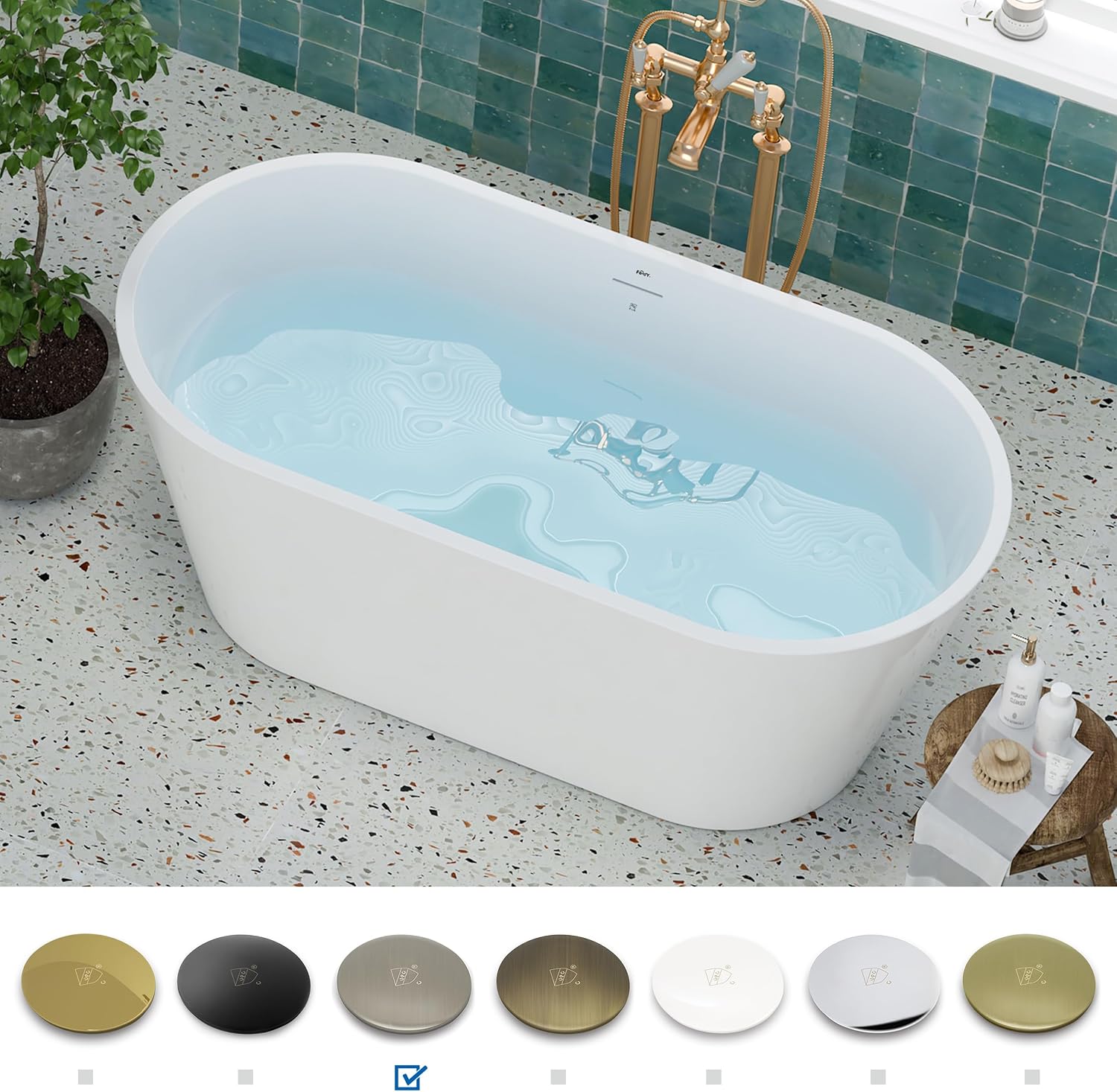 FerdY 59' Shangri-La Elite, Acrylic Freestanding Bathtub, Modern & Contemporary Design Soaking Tub with Brushed Nickel Pop-Up Drain and Minimalist Design Overflow, Glossy White, cUPC Certified