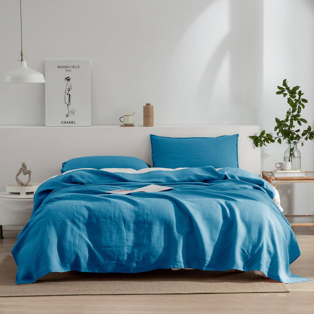 EVERLY Linen Twin Sheets Set, 100% Stonewashed French Linen Bed Sheets Deep Pocket Sheets, 3 Pieces (1 Flat Sheet, 1 Fitted Sheet, 1 Pillowcase) Natural Flax Bedding Set-Blue