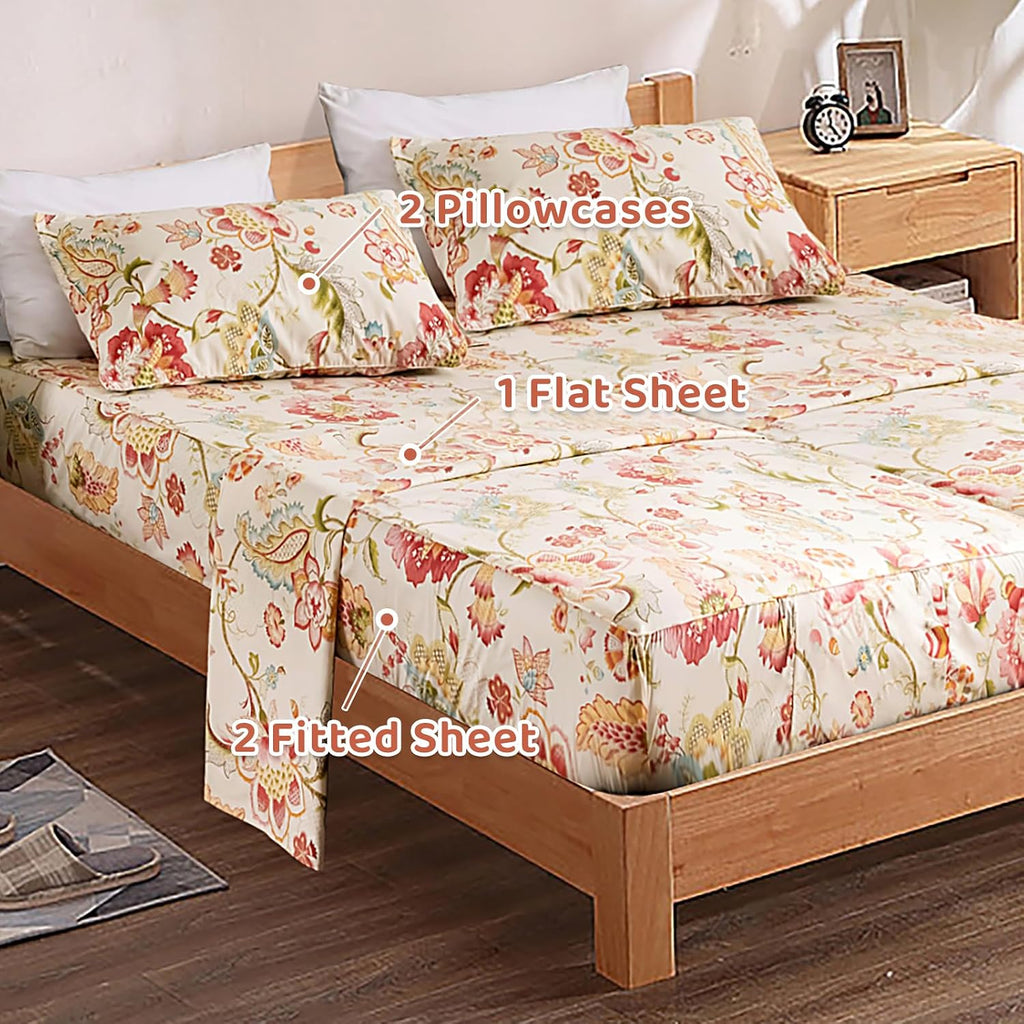 QSH 100% Egyptian Cotton Floral Sheets for Split King Size Bed, Red Yellow Flowers Plant Pattern Botanical Printed Bedding Deep Pockets 17' Soft and Breathable 4pcs
