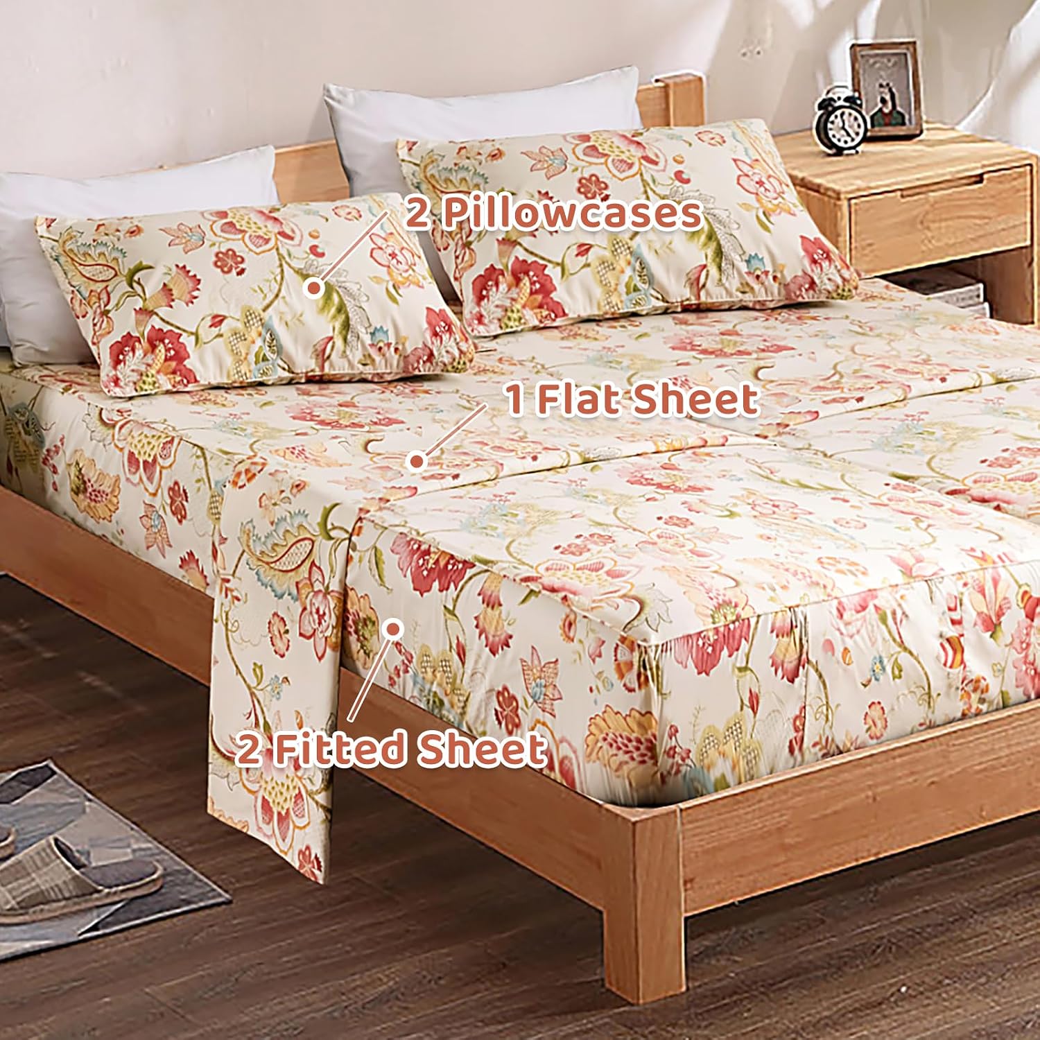QSH 100% Egyptian Cotton Floral Sheets for Split King Size Bed, Red Yellow Flowers Plant Pattern Botanical Printed Bedding Deep Pockets 17' Soft and Breathable 4pcs