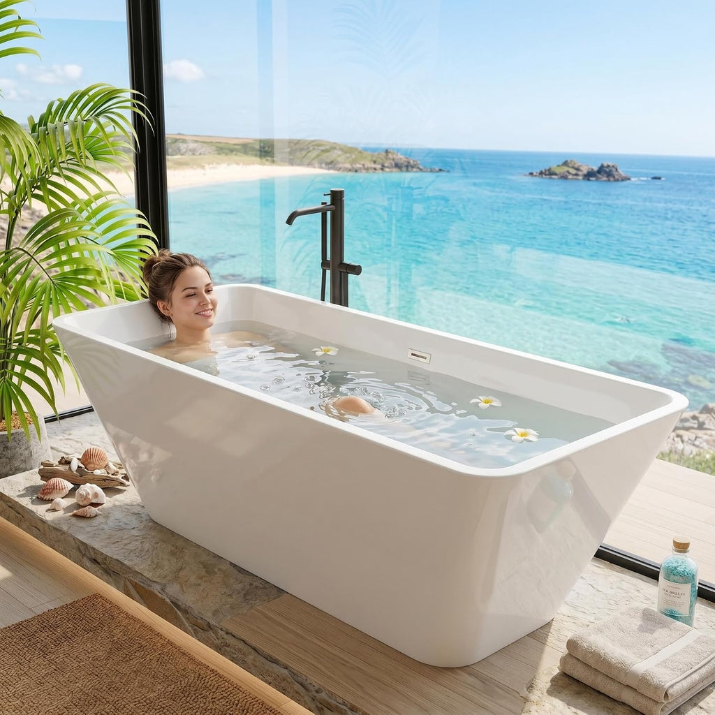 66' Freestanding Acrylic Soaking Tub,Large Freestanding Bathtub with Non-Slip Surface, Overflow and Drain Included, Freestanding Bathtub with Chrome Drain, Deep Stand-Alone Tub for Relaxing Home Spa